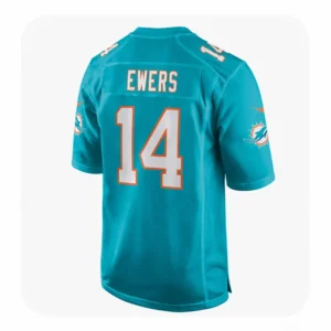 Back view of Quinn Ewers #14 Miami Dolphins aqua jersey featuring EWERS nameplate and orange accent trim.