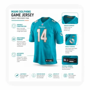 Miami Dolphins game jersey infographic highlighting breathable mesh panels, tagless comfort, and moisture-wicking fabric features.