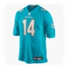 Front view of the aqua Miami Dolphins Quinn Ewers #14 game jersey showing NFL shield and heat-sealed numbers