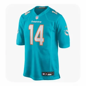 Front view of the aqua Miami Dolphins Quinn Ewers #14 game jersey showing NFL shield and heat-sealed numbers