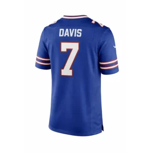 Back view of the Ray Davis Buffalo Bills royal blue jersey featuring the player name DAVIS and number 7 in white and red stitching.