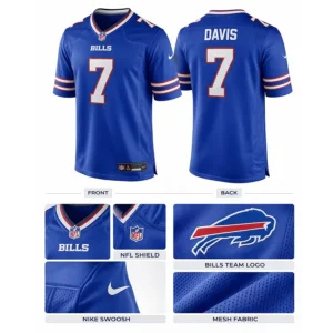 Infographic showing the front and back of the Ray Davis #7 Bills jersey with macro shots of the NFL shield, team logo, Nike swoosh, and breathable mesh fabric.