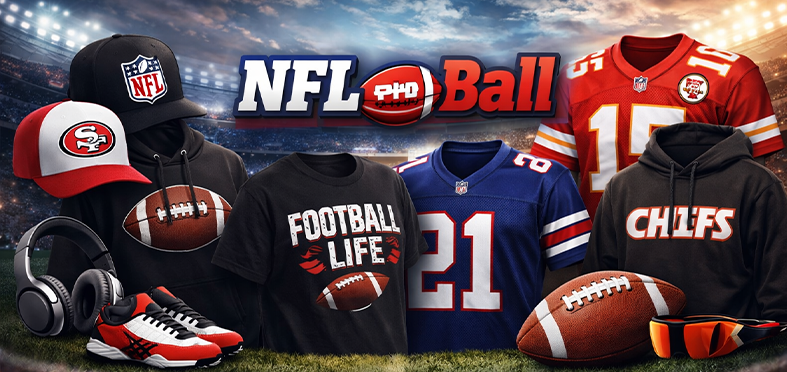 NFLpro Ball banner showing American football jerseys, hoodies, caps and T-shirts with stadium background and official-style sports merchandise