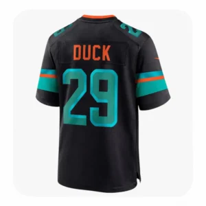 The back of a black Miami Dolphins football jersey showing the player name "DUCK" in orange block letters and the number 29 in large teal and orange font.