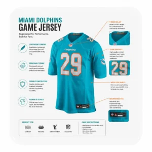 Miami Dolphins Storm Duck Jersey features including breathable mesh panels, V-neck collar, and official team graphics.