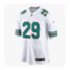 Miami Dolphins white game jersey featuring Storm Duck’s number 29 in aqua and orange with mesh side panels.