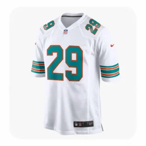 Miami Dolphins white game jersey featuring Storm Duck’s number 29 in aqua and orange with mesh side panels.