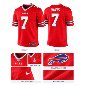 Technical details of Ray Davis jersey showing breathable mesh fabric, stitched NFL shield, and team logo.