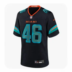 Front view of a black Miami Dolphins Game Jersey for player Tucker Addington, number 46. The jersey features aqua numbers with a teal shadow effect, "MIAMI" printed in orange above the numbers, and an orange V-neck collar with "GO FINS!" on the inner lining.