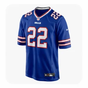 Front view of a blue Buffalo Bills home jersey featuring number 22 with white and red accents.