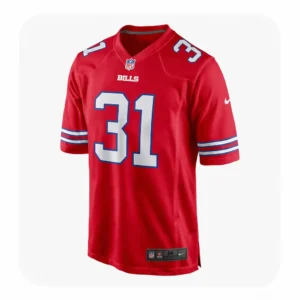 Front view of an official Buffalo Bills red game jersey featuring number 31 in white with blue trim and the NFL shield at the collar.