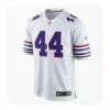 clean, studio shot of the front of a white Buffalo Bills "Game Jersey" featuring the number 44 in bold blue with red outlines. The jersey has blue and red stripes on the sleeves and an authentic NFL tag at the bottom hem.