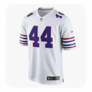 clean, studio shot of the front of a white Buffalo Bills "Game Jersey" featuring the number 44 in bold blue with red outlines. The jersey has blue and red stripes on the sleeves and an authentic NFL tag at the bottom hem.