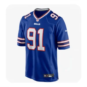 Front view of a royal blue Buffalo Bills game jersey featuring Ed Oliver's number 91 in white with red outlines.