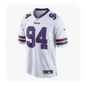 Front view of the white Buffalo Bills jersey featuring royal blue and red number 94 and official team branding.