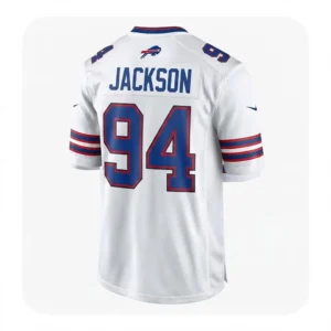 Back view of the white Buffalo Bills jersey with number 94 and "JACKSON" printed on the nameplate.