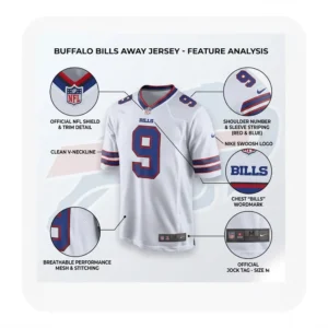 An infographic titled Buffalo Bills Away Jersey Feature Analysis showing details like the NFL shield, V-neckline, and breathable mesh.