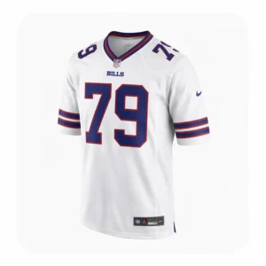Front view of a white Buffalo Bills away jersey featuring number 79 in blue with red trim.