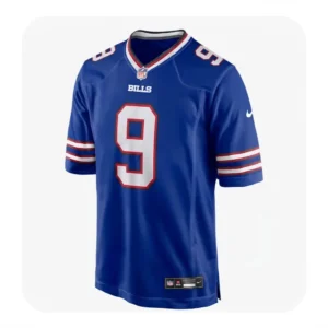 Front view of a royal blue Buffalo Bills NFL jersey featuring white and red number 9 and team wordmark.