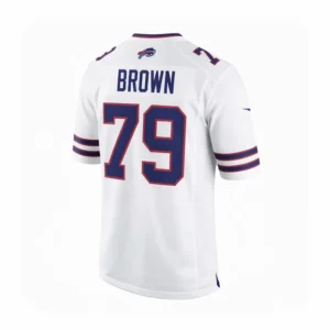 Back view of a white Buffalo Bills jersey for player Brown with number 79 and team logo on the neck.