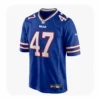 Front view of the Royal Blue Christian Benford #47 Buffalo Bills Nike Game Jersey with official NFL Shield and Bills logo.