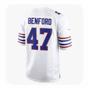 Back view of the Christian Benford #47 Buffalo Bills white jersey showing the nameplate and blue sleeve stripes.
