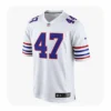 Front view of the Nike Game Edition Buffalo Bills jersey in white, featuring blue and red tackle twill number 47.