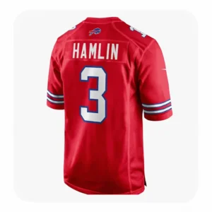 Back view of the Damar Hamlin Buffalo Bills jersey in red showing the player name HAMLIN and number 3 with the team logo above the nameplate.