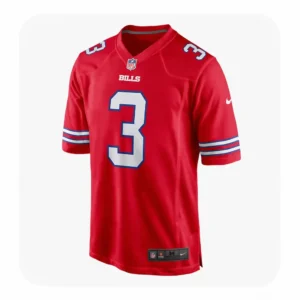 Front view of a red Buffalo Bills jersey featuring Damar Hamlin’s number 3 with white and blue tackle twill numbering and the Bills wordmark.