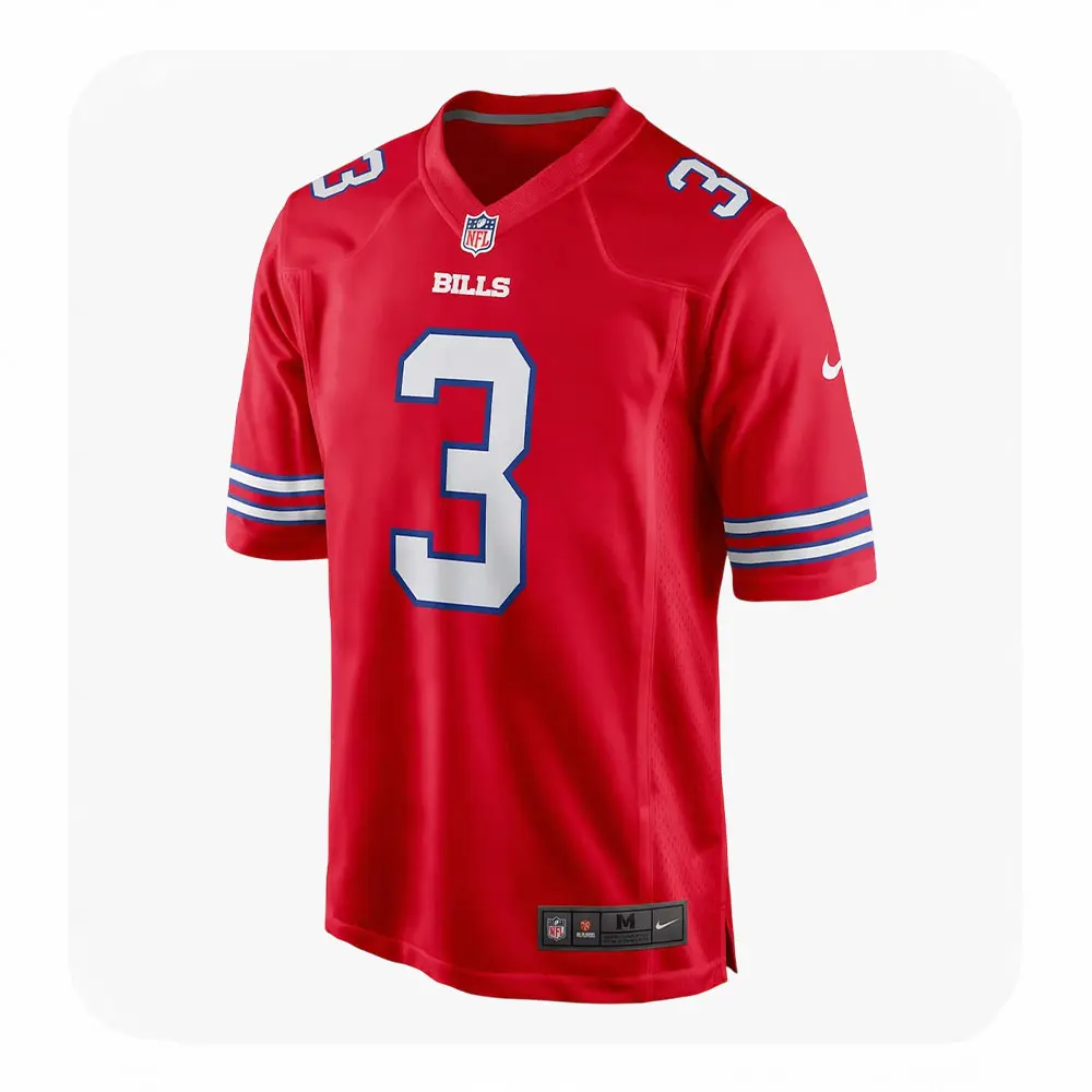 buffalo-bills-damar-hamlin-jersey-red-front-view. Front view of a red Buffalo Bills jersey featuring Damar Hamlin’s number 3 with white and blue tackle twill numbering and the Bills wordmark.