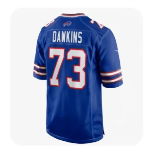 Back view of a Dion Dawkins Buffalo Bills jersey showing the player name and number 73 in tackle-twill style.