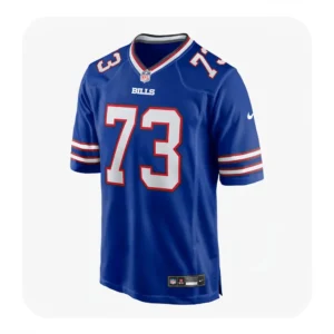 Front view of a royal blue Buffalo Bills home jersey featuring Dion Dawkins' number 73 with red and white trim.