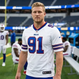 Model wearing Buffalo Bills Ed Oliver white jersey on field