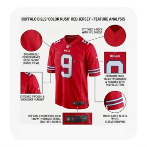 Infographic showing a Buffalo Bills Color Rush jersey with callouts for mesh fabric, stitched neck, and premium twill numbering.
