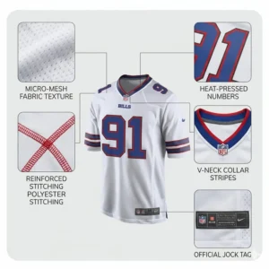 Close-up features of Buffalo Bills jersey showing mesh fabric and jock tag
