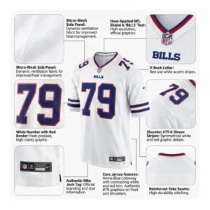 Infographic detailing features of a Buffalo Bills jersey, including micro-mesh side panels and heat-applied graphics.