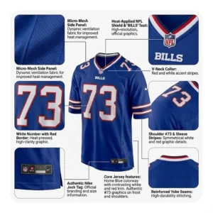 Infographic detailing Buffalo Bills jersey features including micro-mesh panels, v-neck collar, and heat-applied NFL shield.