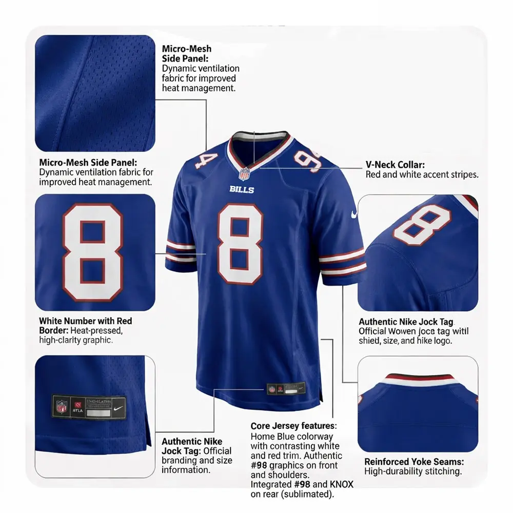 buffalo-bills-jersey-features-infographic Technical infographic of a Buffalo Bills jersey highlighting features like micro-mesh side panels, reinforced seams, and authentic jock tags.