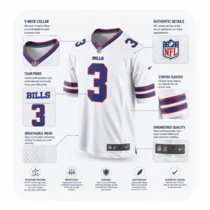 Detailed infographic highlighting jersey features including the rib-knit V-neck collar, breathable side mesh panels, and striped sleeve details.