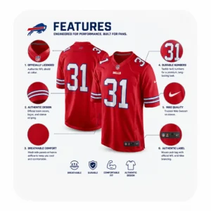 An infographic detailing the features of the Buffalo Bills jersey, highlighting breathable mesh panels, durable tackle twill numbers, and official Nike branding.