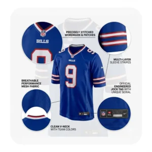 Detailed infographic showing technical features of the Bills jersey, including mesh fabric and stitched patches.