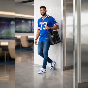 Lifestyle shot of a man wearing a Dion Dawkins Buffalo Bills jersey paired with blue jeans and sneakers in a modern setting.