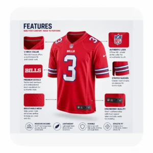 Detailed infographic of the Buffalo Bills jersey highlighting features like breathable mesh side panels, moisture-wicking fabric, and athletic fit.