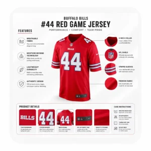 An infographic detailing the features and care instructions for the Buffalo Bills #44 red game jersey.