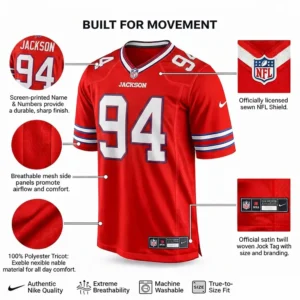 Product infographic for the Buffalo Bills jersey highlighting features like breathable mesh side panels, screen-printed numbers, 100% polyester tricot material, and the official NFL shield.