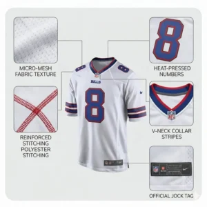 Infographic showing the technical details of the Buffalo Bills jersey, including micro-mesh fabric, heat-pressed numbers, and official jock tag.