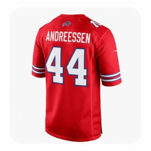 Back view of a red Buffalo Bills #44 jersey with "ANDREESSEN" on the nameplate.
