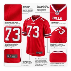 Close-up of the Buffalo Bills Red Color Rush Jersey showing the premium fabric and number 73 graphics.