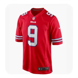 Front view of a red Buffalo Bills NFL jersey featuring white number 9 with blue trim and sleeve striping.