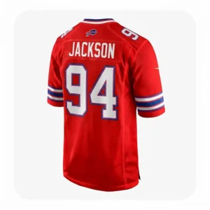 Back view of the Buffalo Bills red jersey showing the name "JACKSON" and number 94 in bold white block lettering with the team logo above the nameplate.